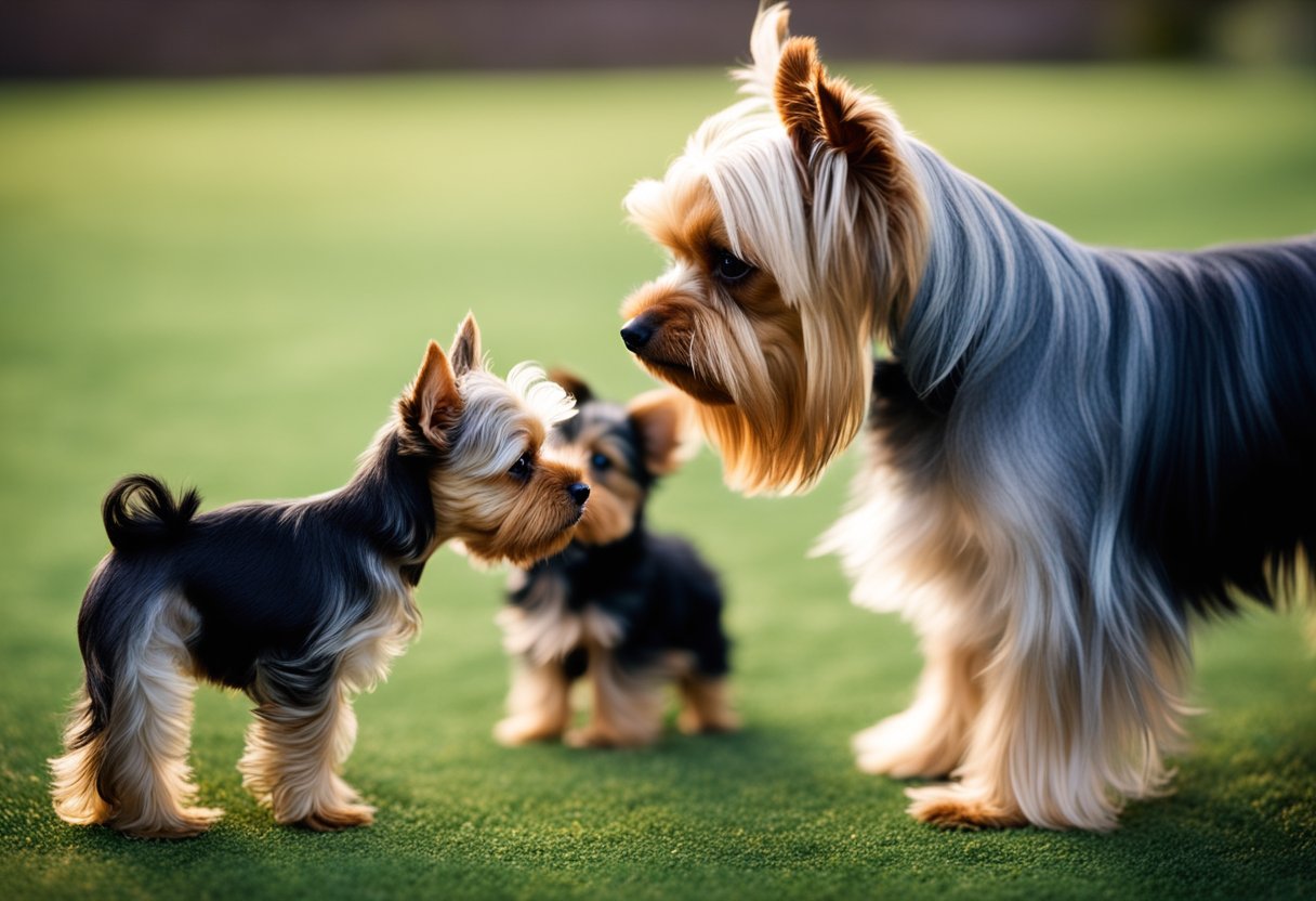 A tiny teacup Yorkie faces off against a larger Yorkshire Terrier, both standing alert with fur bristling