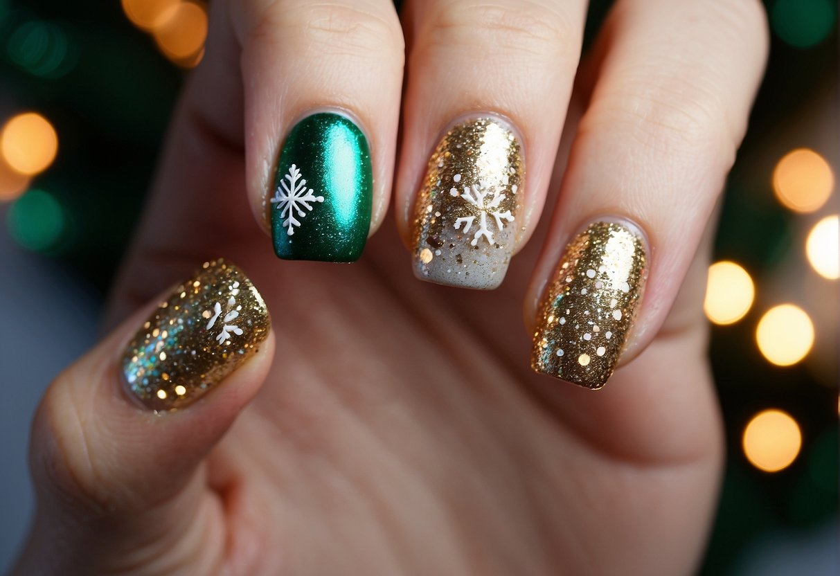 Vibrant Christmas nail art designs on small nails with glitter, snowflakes, and reindeer motifs