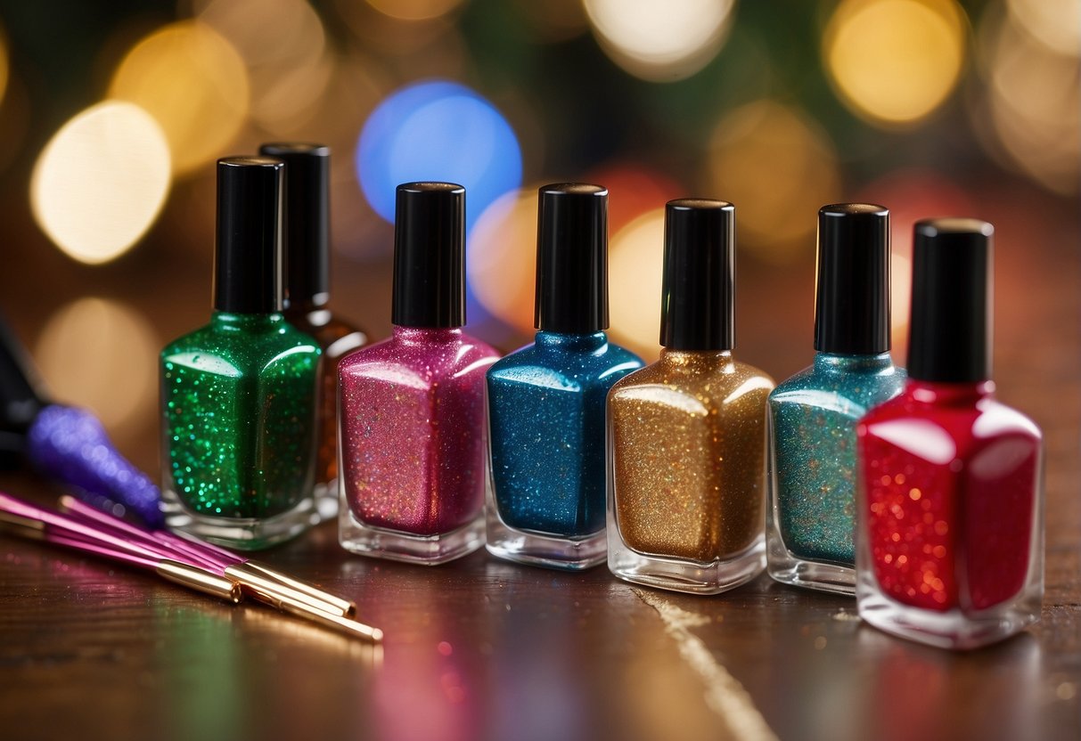 Colorful Christmas nail polish bottles arranged on a table with small brushes and glitter. Child-sized handprints and festive designs on paper