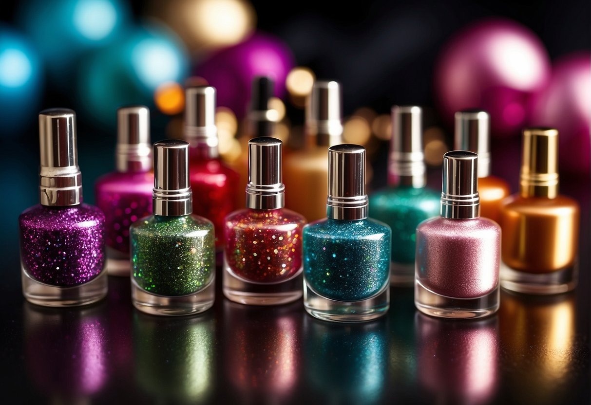 Colorful nail polish bottles arranged on a table, next to a set of small brushes and nail art decorations. A step-by-step guide for Christmas nail designs lies nearby