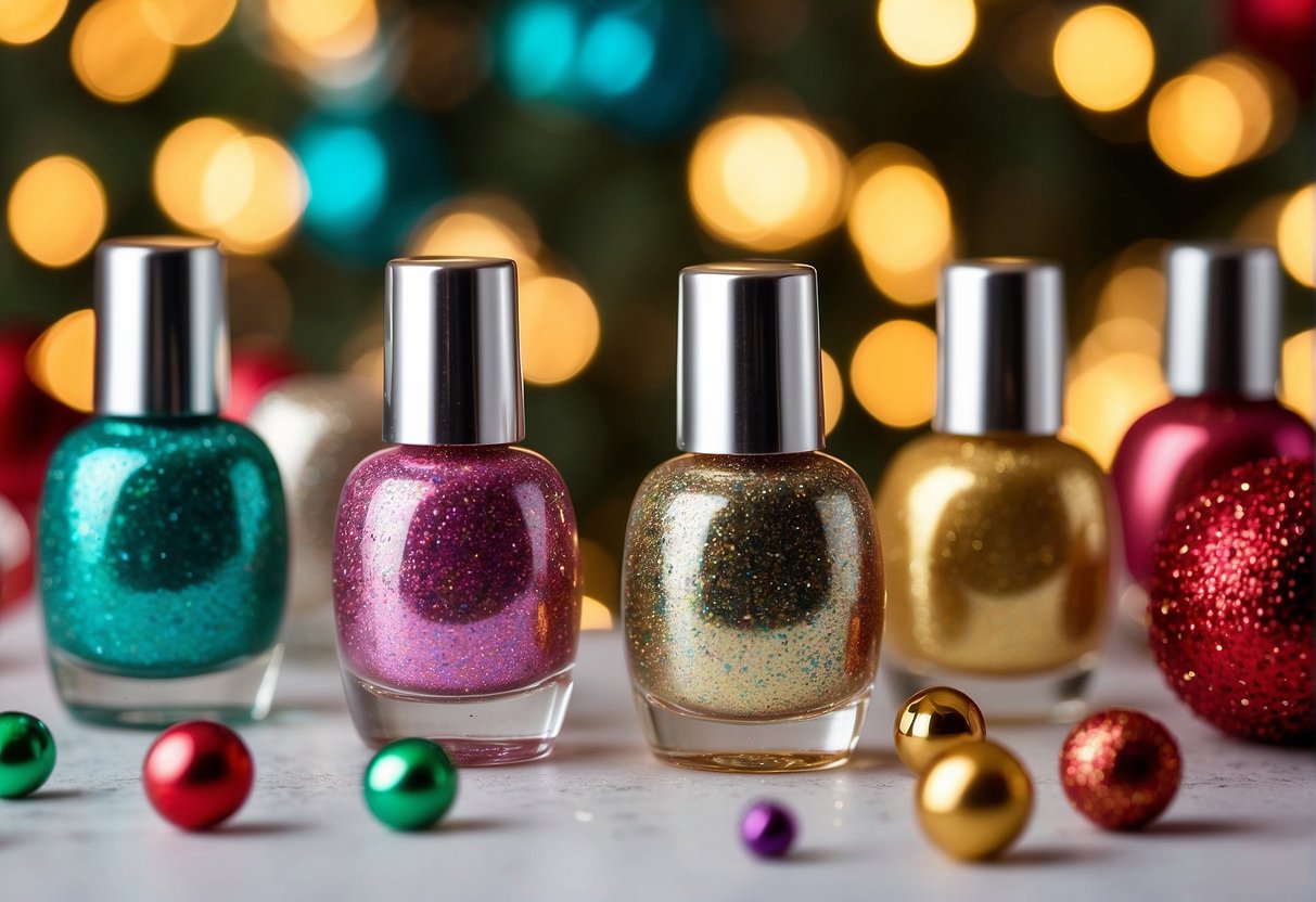 Colorful nail polish bottles and glittery nail art stickers arranged on a festive table with Christmas decorations and children's toys