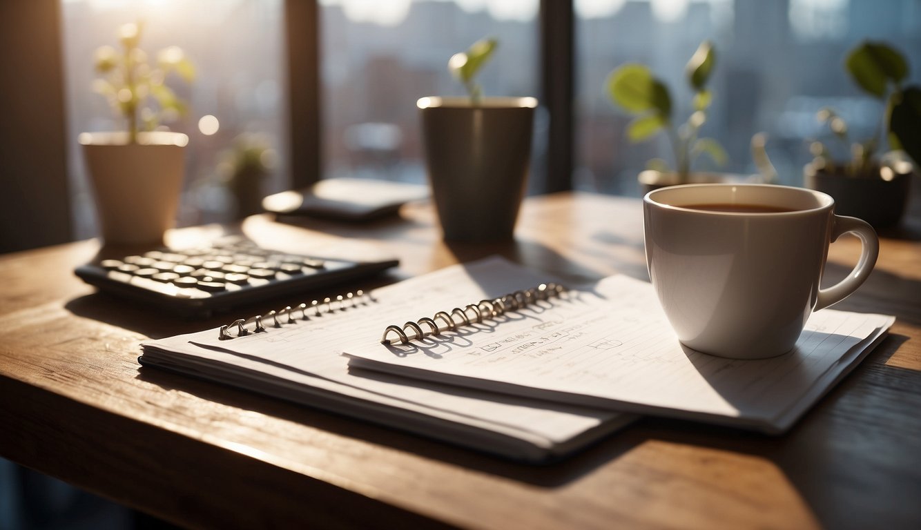 A cluttered desk with a to-do list, motivational quotes, and a calendar. A person's hand reaching for a cup of coffee. Bright light streaming in from a window