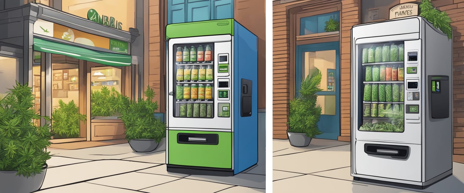 A cannabis vending machine stands next to a traditional retail store, showcasing the comparison between the two