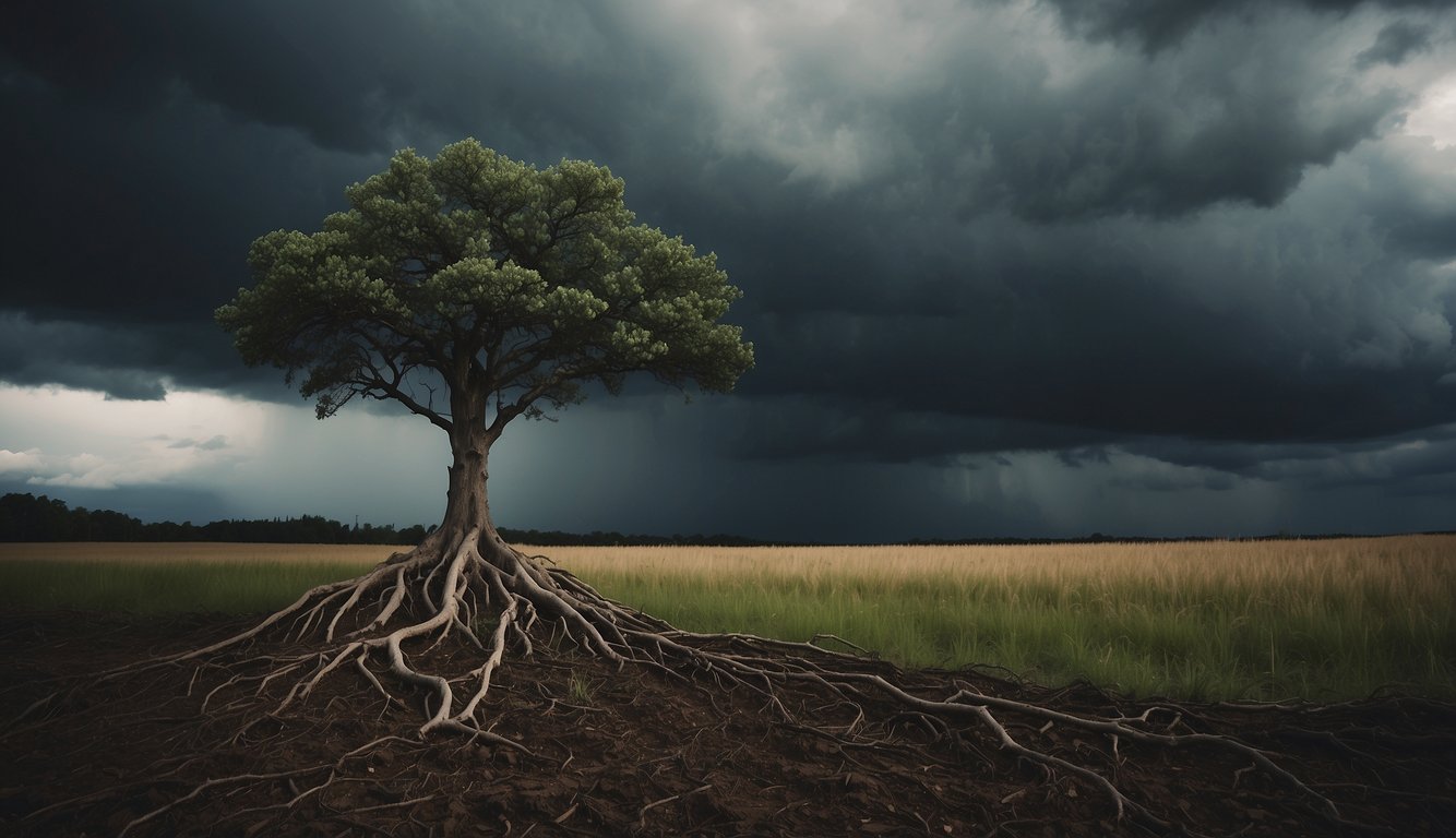 A lone tree stands tall amidst a storm, its roots firmly planted in the ground. Dark clouds loom overhead, but the tree remains unwavering, symbolizing resilience and determination in the face of adversity