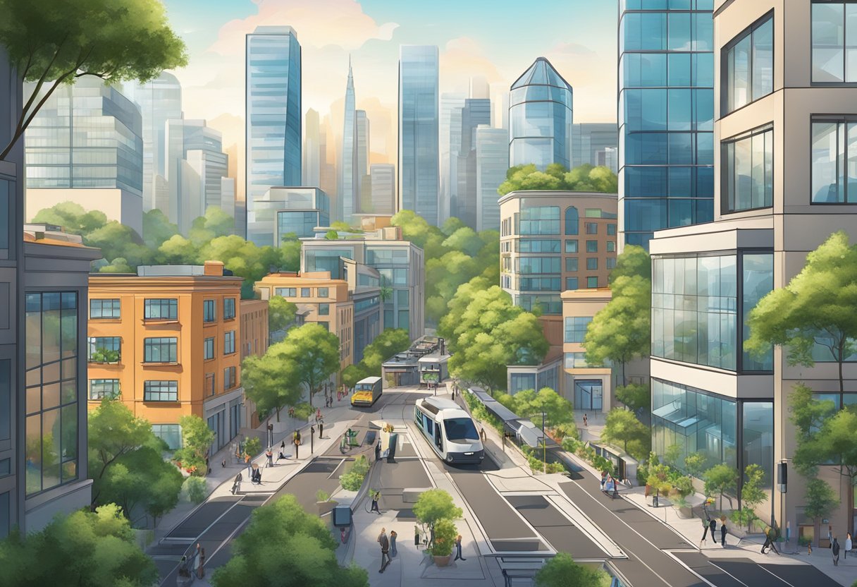 Street view of a modern city with high-rise buildings, trees, pedestrians, and a tram.