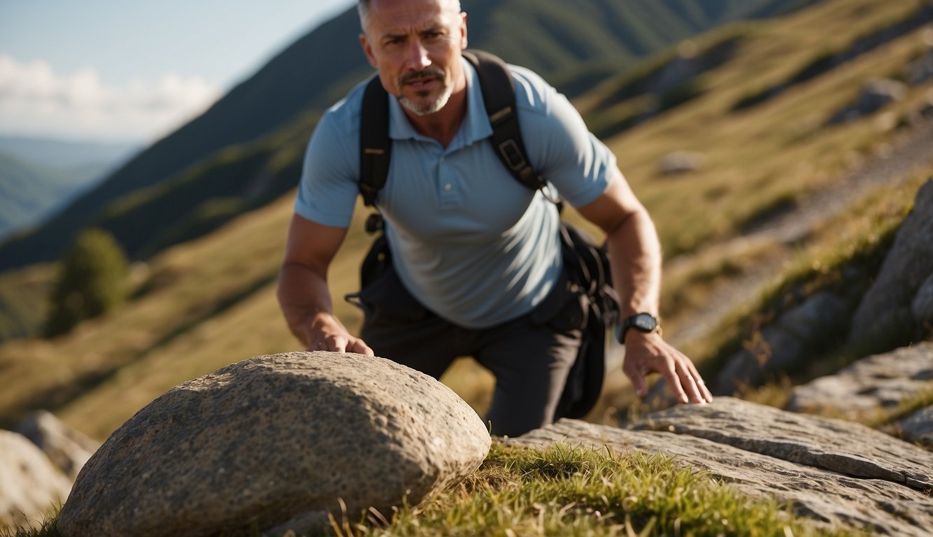 A figure pushing a boulder up a steep hill, with a determined expression and a clear path ahead. The sun is shining, casting a warm glow on the scene