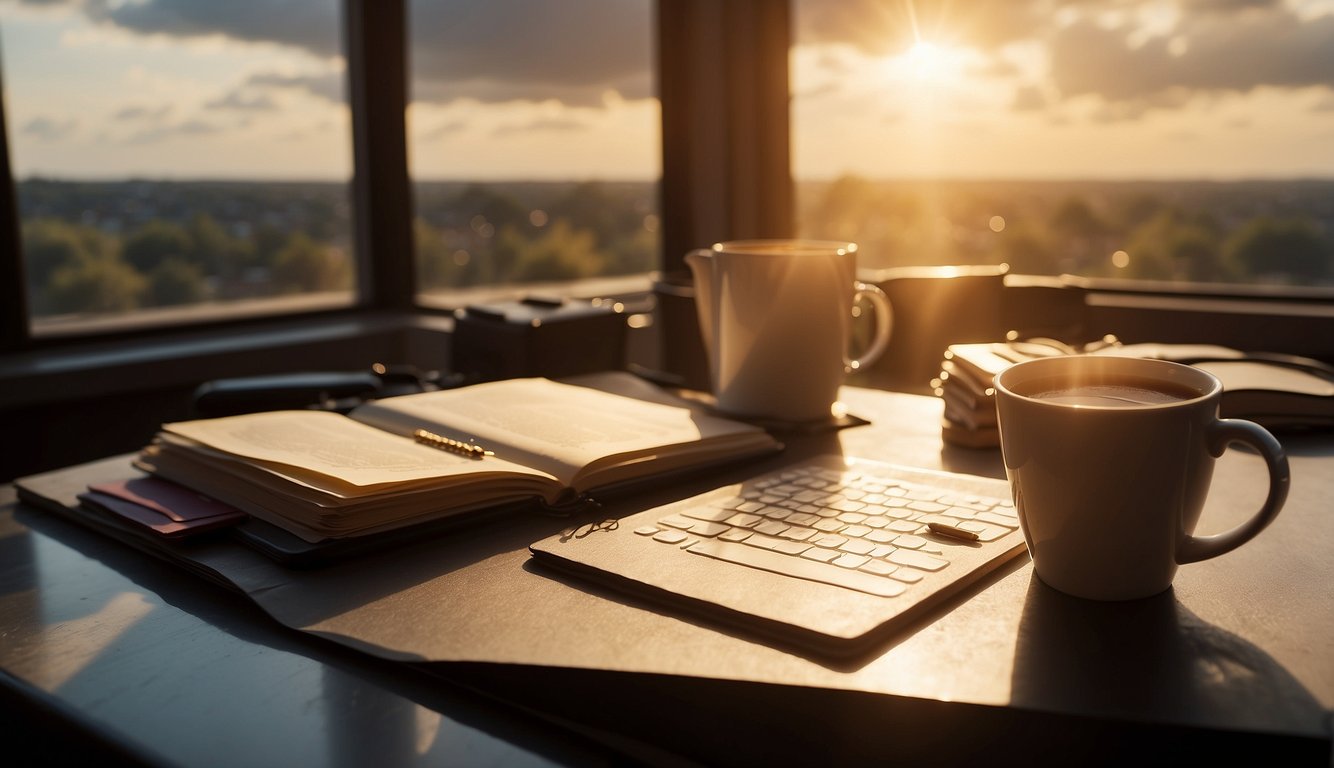 A cluttered desk with a motivational poster, a to-do list, and a cup of coffee. A window shows a storm outside, but the desk is bathed in warm, golden light