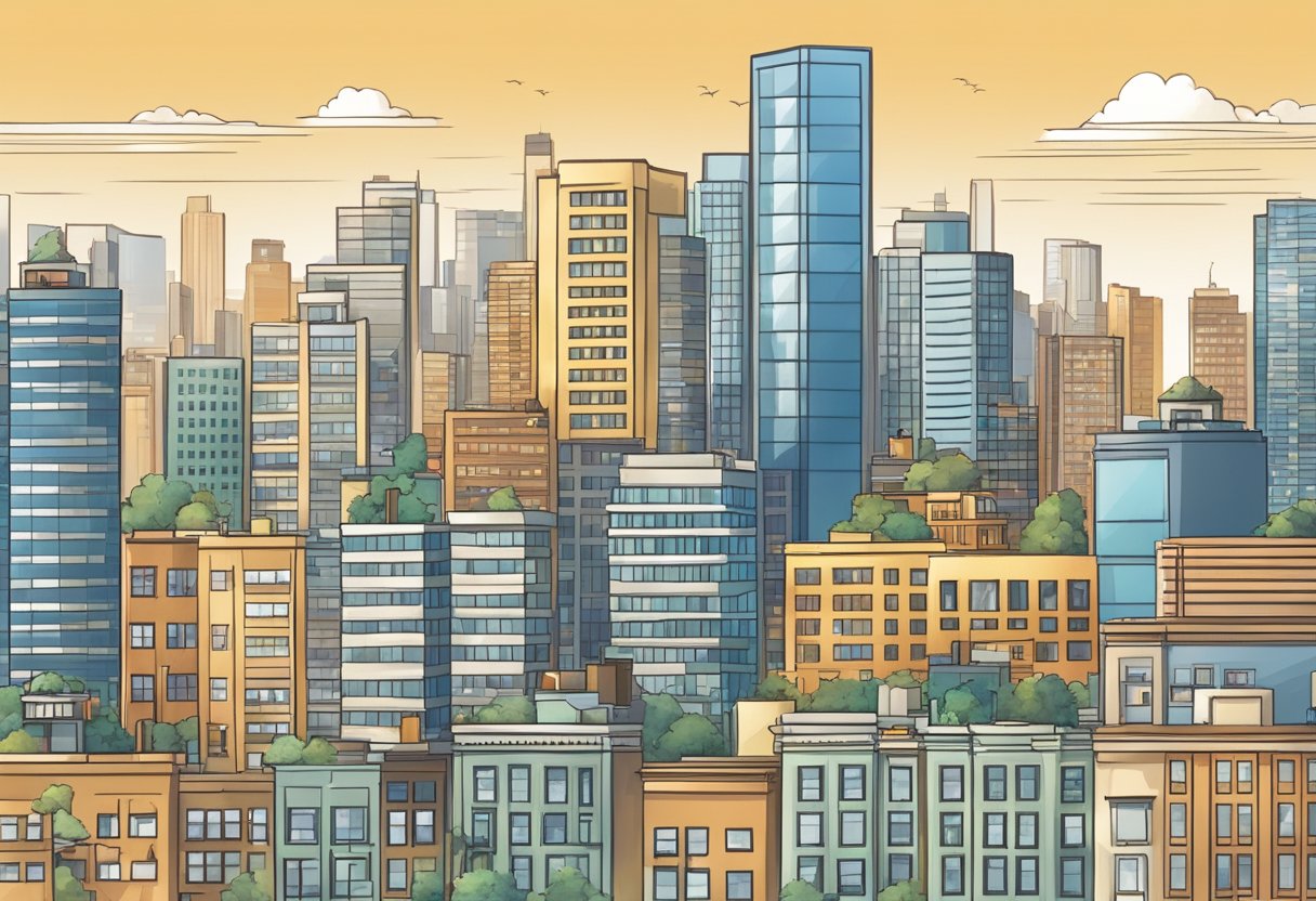 A sketch of a city skyline, featuring buildings in a variety of colors.