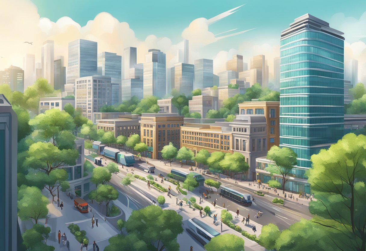 Street view of a contemporary city featuring skyscrapers, trees, pedestrians, and a tram.