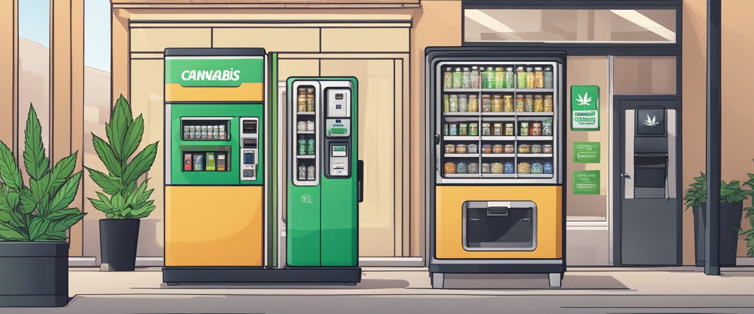 A cannabis vending machine stands next to a traditional dispensary, showcasing convenience and accessibility. Customers easily access products without waiting in line, offering a modern alternative to the traditional retail experience