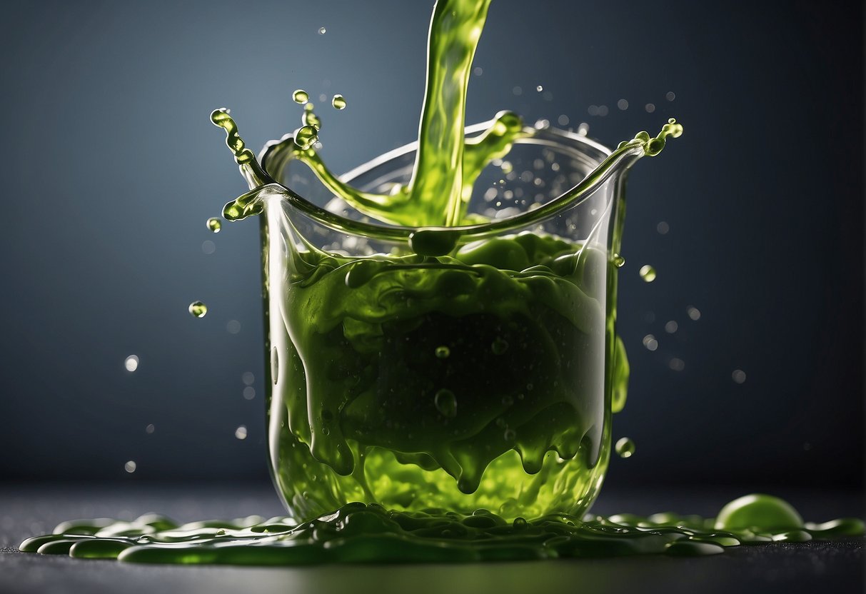 A bottle of vinegar pouring onto green slime, dissolving it