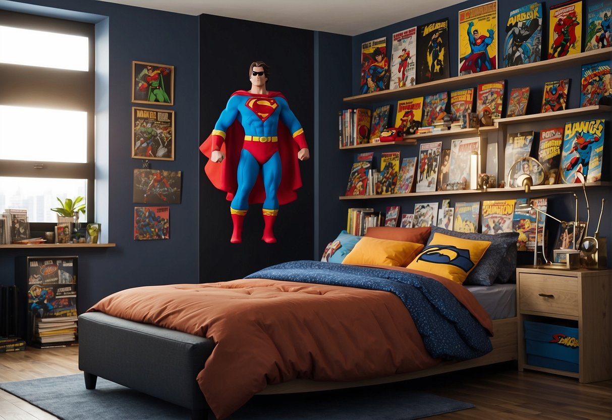 A superhero-themed bedroom with colorful comic book posters, action figures on shelves, and a bed with a superhero-themed comforter and pillows