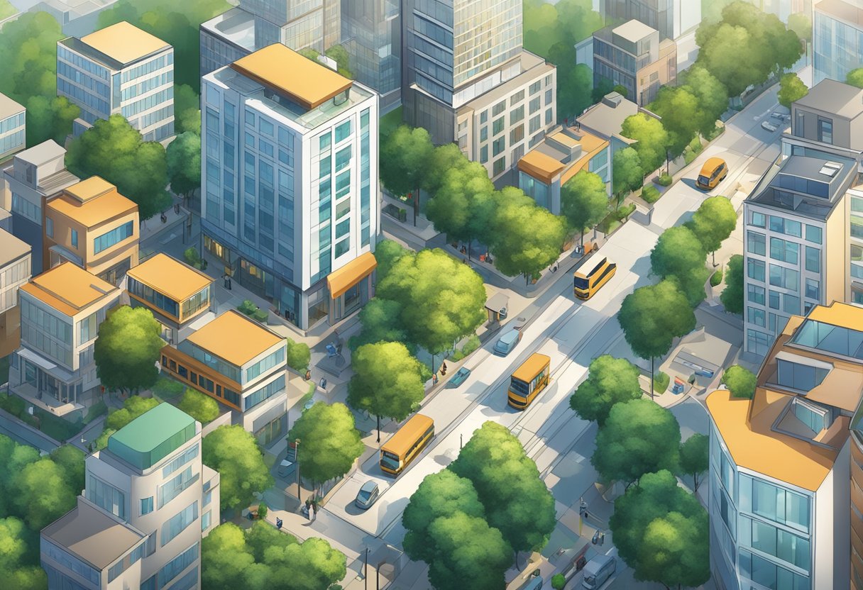 A bustling cityscape with a mix of traditional office buildings surrounded by greenery and accessible public transportation.