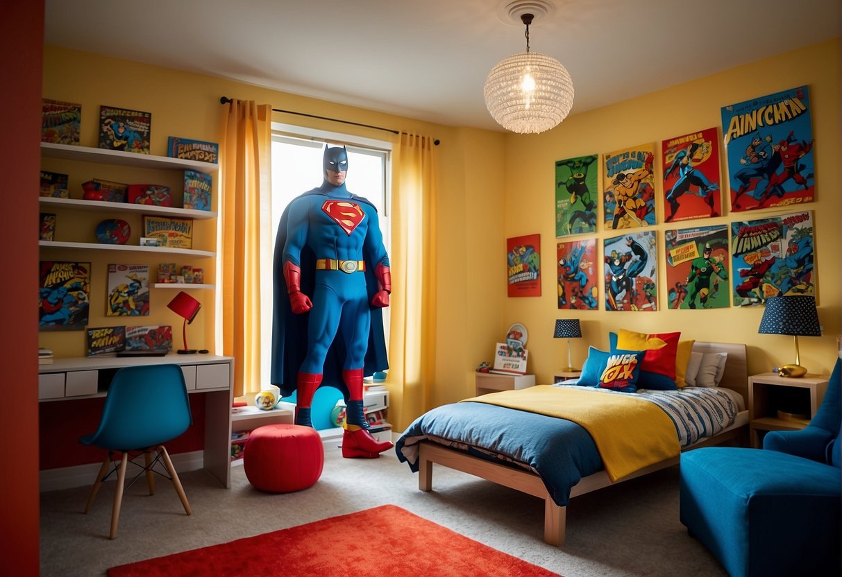 A superhero-themed bedroom with bold primary colors, comic book wall decals, and action figure displays