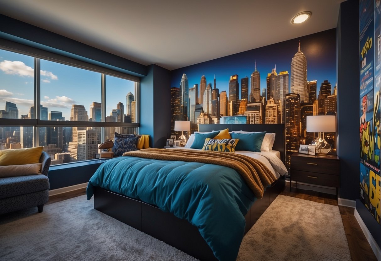 A superhero-themed bedroom with colorful wall murals of comic book characters, city skylines, and action-packed scenes