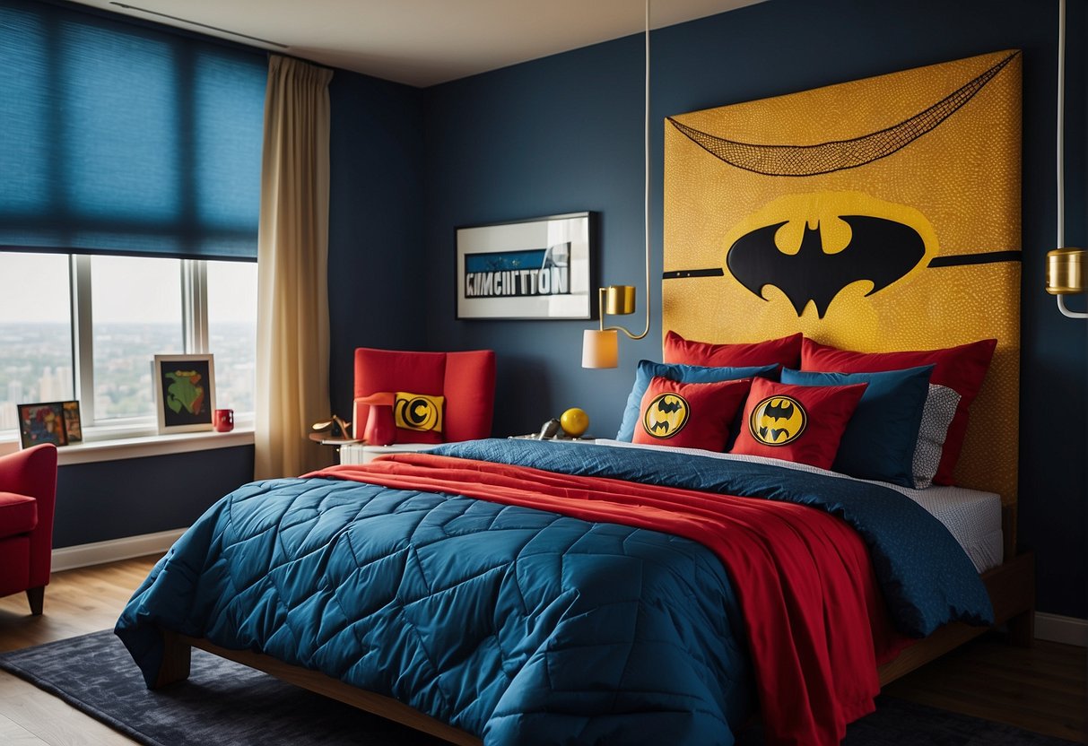 A bedroom with superhero-themed furniture and bedding, featuring bold colors, action-packed patterns, and iconic superhero symbols
