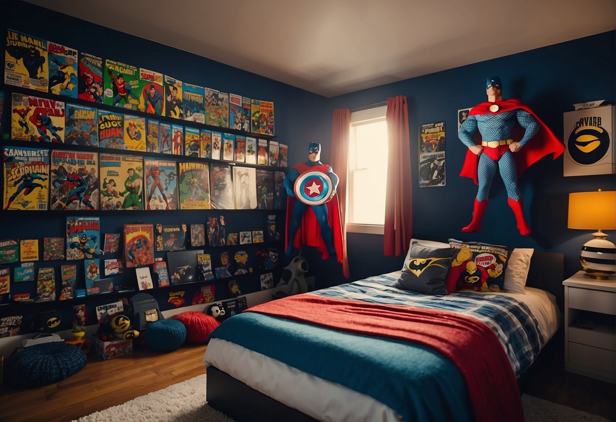 A superhero-themed bedroom with capes hanging on the wall, comic book pillows, and action figure displays