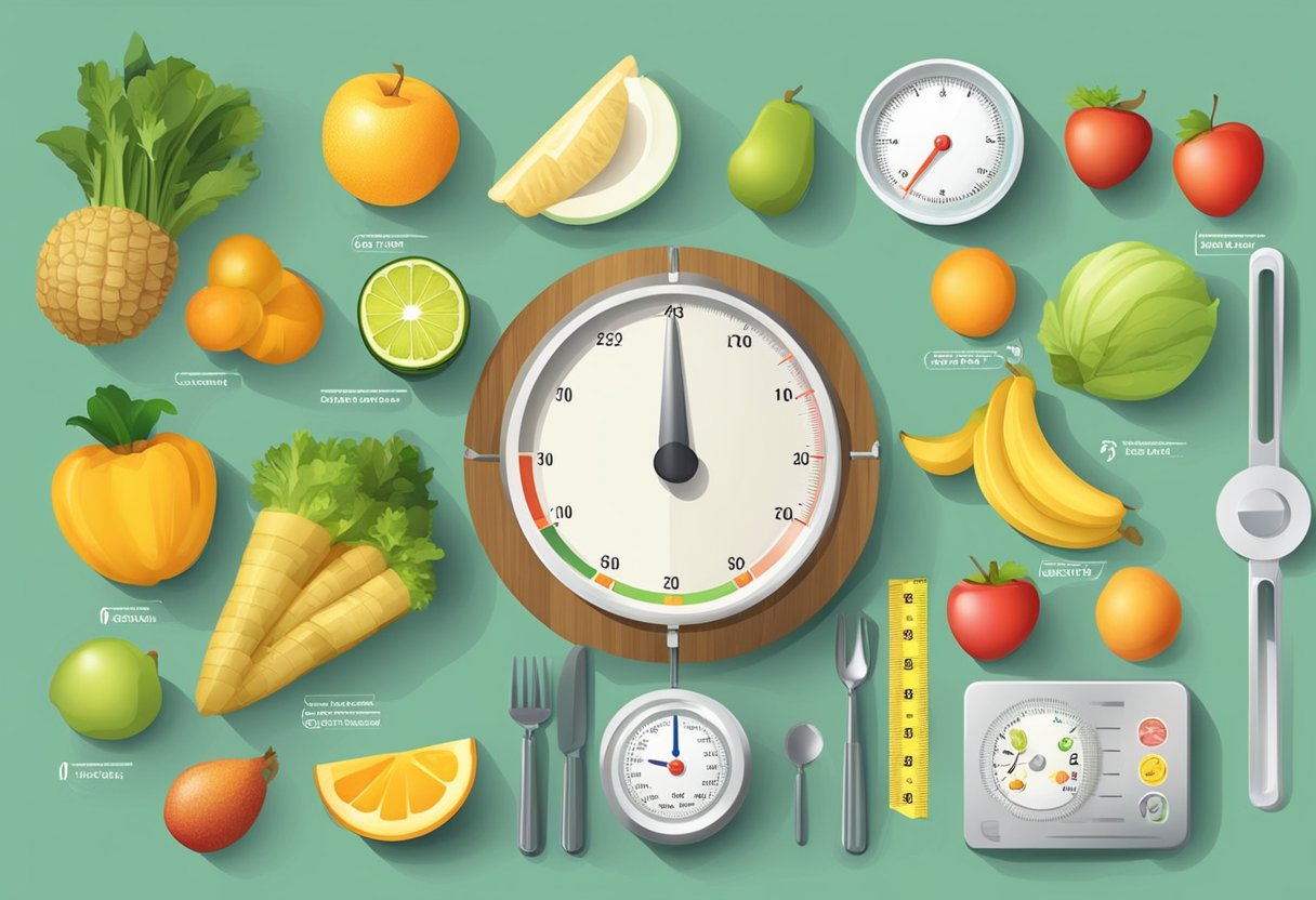 does fasting suppress appetite? A table with various fasting methods and their effects on appetite. Fruits and vegetables on one side, while a scale and measuring tape on the other