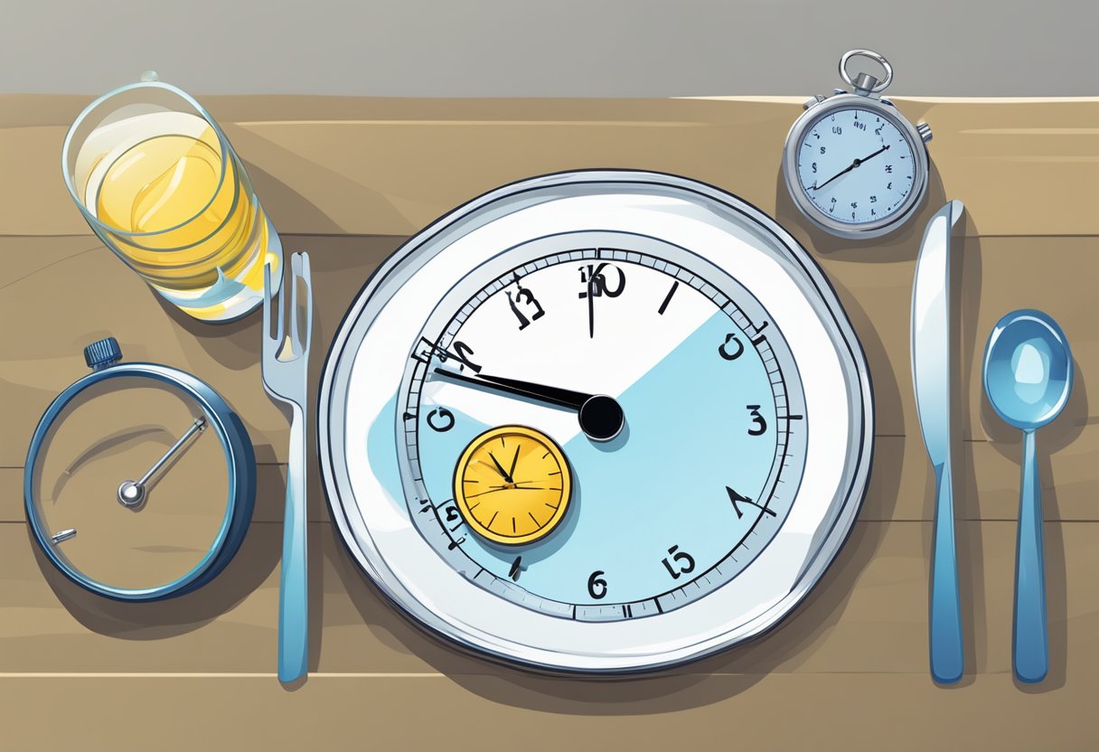 does fasting suppress appetite? A table set with an empty plate, a glass of water, and a stopwatch. A scale in the background