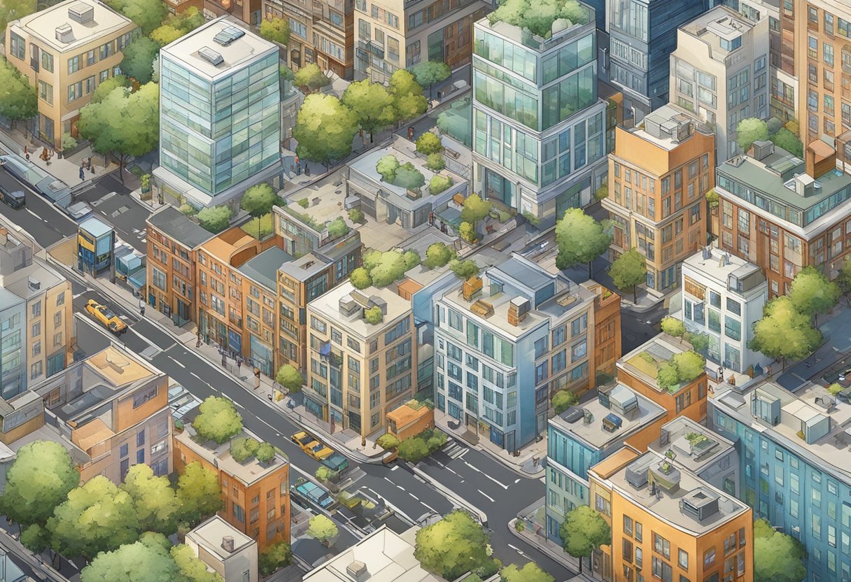 A daytime aerial view of a bustling city, highlighting a dense network of buildings and winding streets.