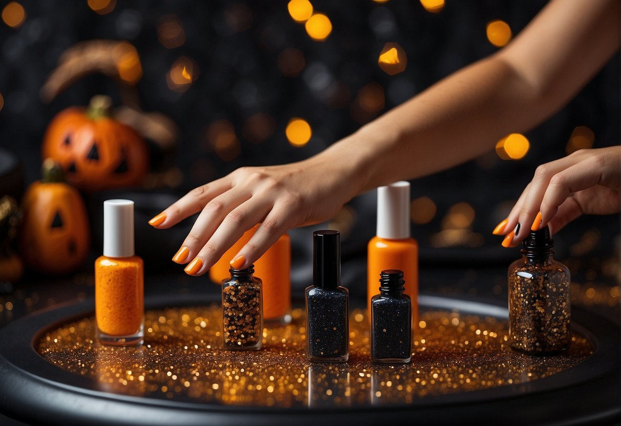 Bright orange and black nail polish bottles scattered on a table, surrounded by glitter and spooky stickers. A child's hand reaches for the vibrant colors