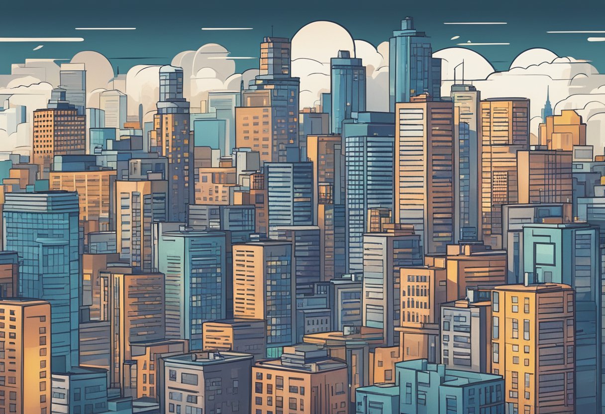 An illustration of a whimsical cityscape with buildings in various shapes and sizes.