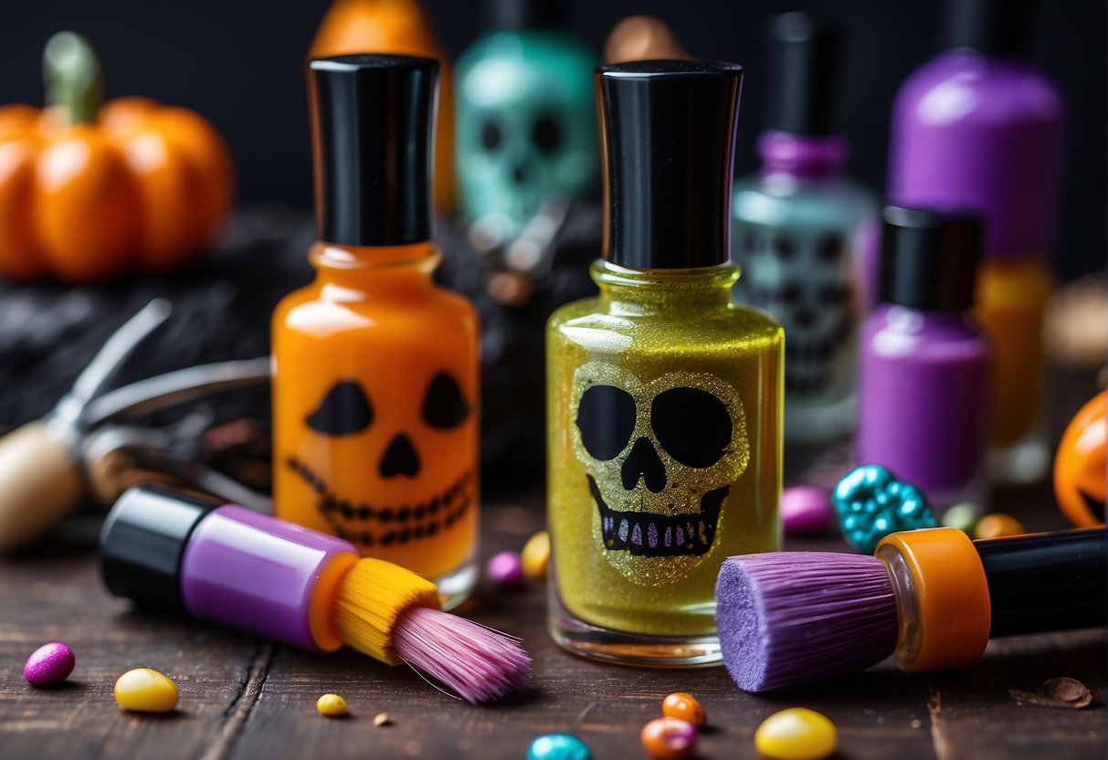 Colorful nail polish bottles, brushes, and spooky nail art decals scattered on a table. A child-friendly Halloween nail art book open for inspiration