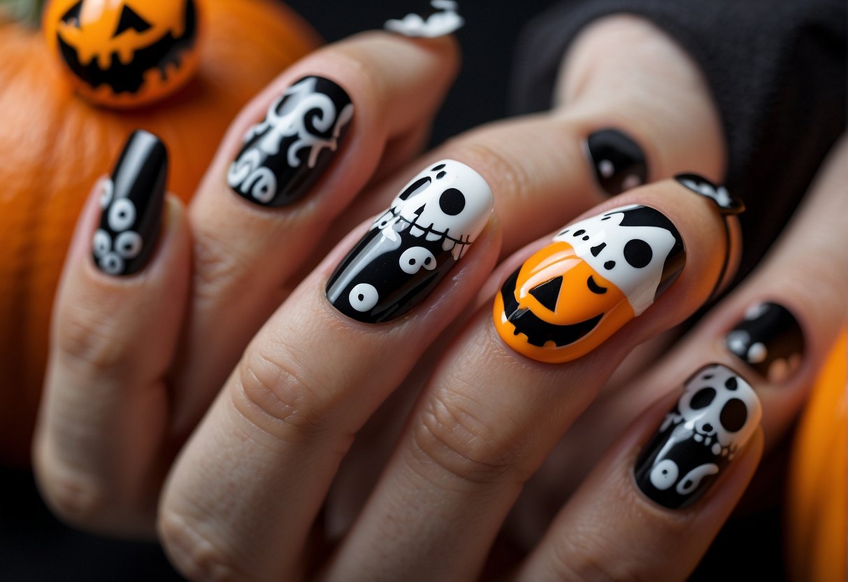 Brightly colored Halloween nail designs on small, round nails. Spooky ghosts, smiling pumpkins, and creepy spiders adorn the tiny fingertips