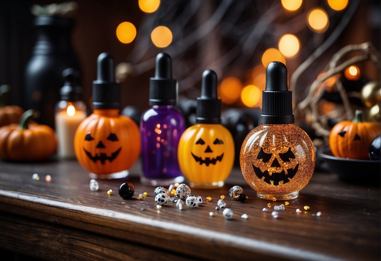 Colorful Halloween-themed nail art displayed on a table with nail polish bottles, stickers, and glitter. A pumpkin, ghost, and spiderweb designs stand out