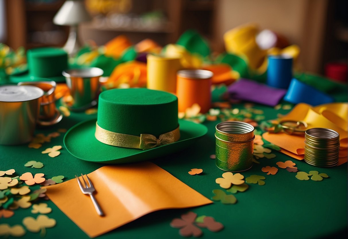 A table adorned with shamrocks, leprechaun hats, and pots of gold. A rainbow of colored paper, glue, and scissors scattered about. An array of finished crafts displayed proudly
