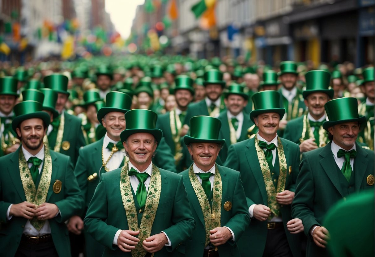 A vibrant parade of people wearing green, accompanied by traditional Irish music and dancing. Green shamrocks and leprechauns adorn the streets, while Irish flags wave proudly in the air