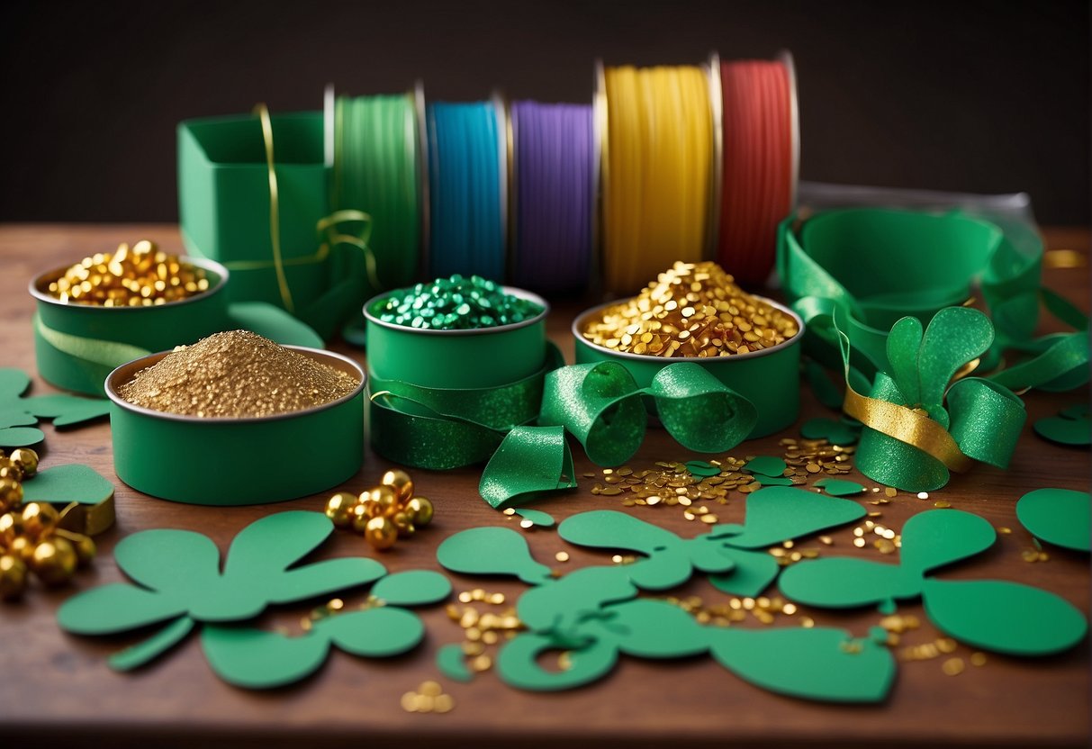 A table covered in green construction paper, glitter, glue, and shamrock cutouts. A rainbow of ribbons, markers, and beads sit in containers