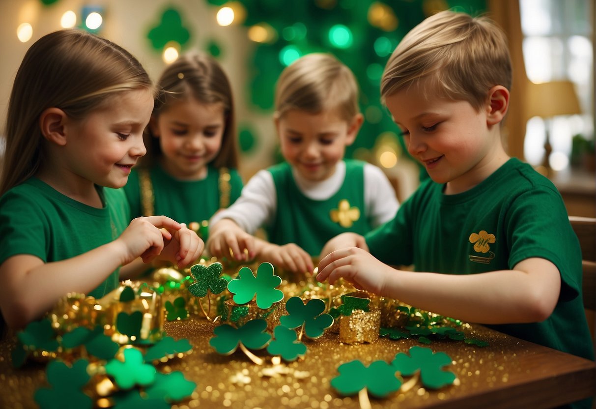 Children crafting shamrock decorations, leprechaun hats, and rainbow mobiles. Green, gold, and rainbow colors fill the room with festive creativity