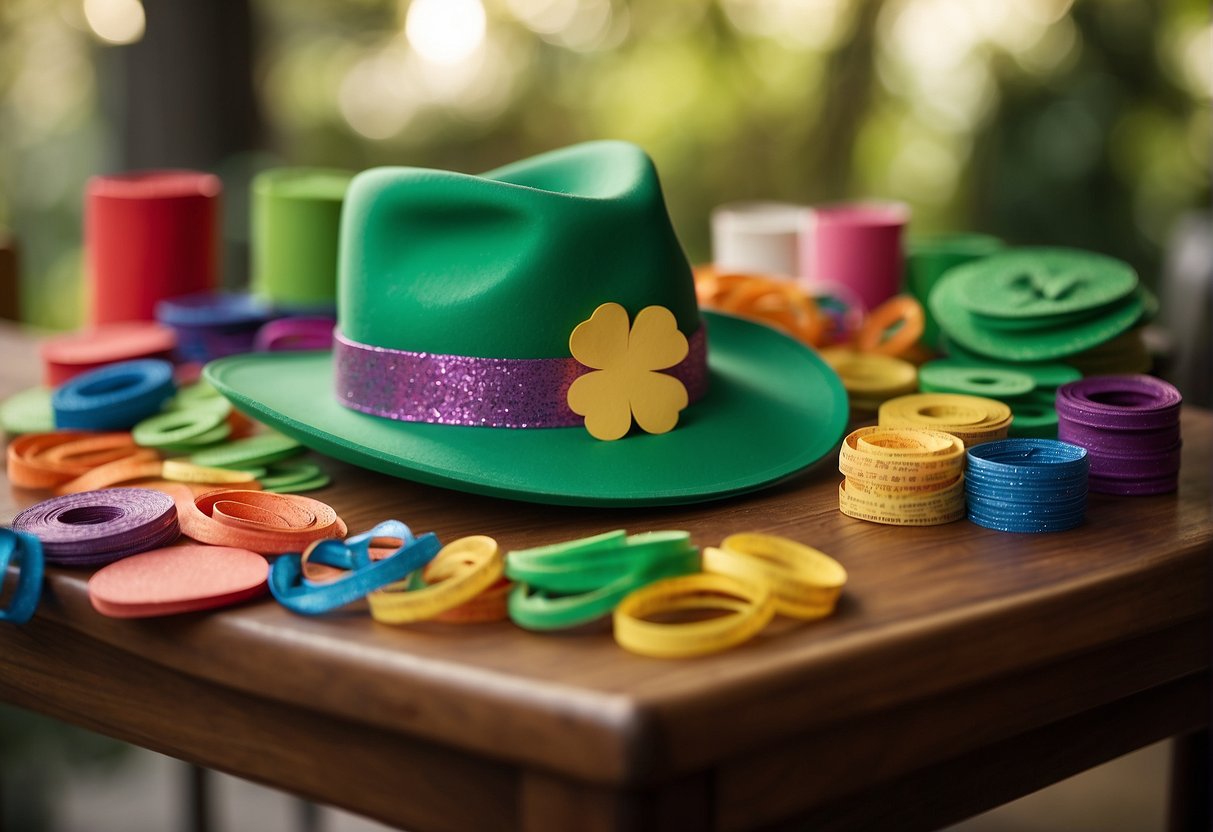 A table with various craft supplies: green construction paper, glitter, glue, and shamrock-shaped stencils. A finished leprechaun hat made of paper and a rainbow-colored paper chain hanging in the background