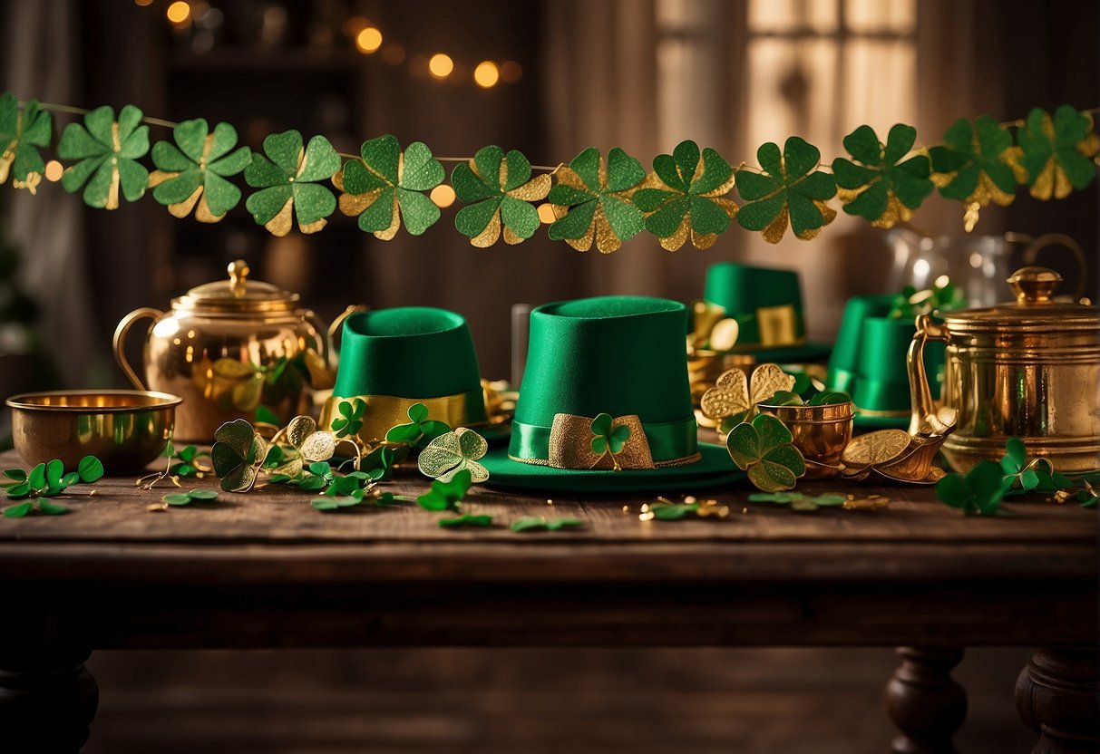 A table adorned with green shamrocks, leprechaun hats, and pots of gold. A festive banner hangs above, while a DIY paper clover garland drapes along the edges