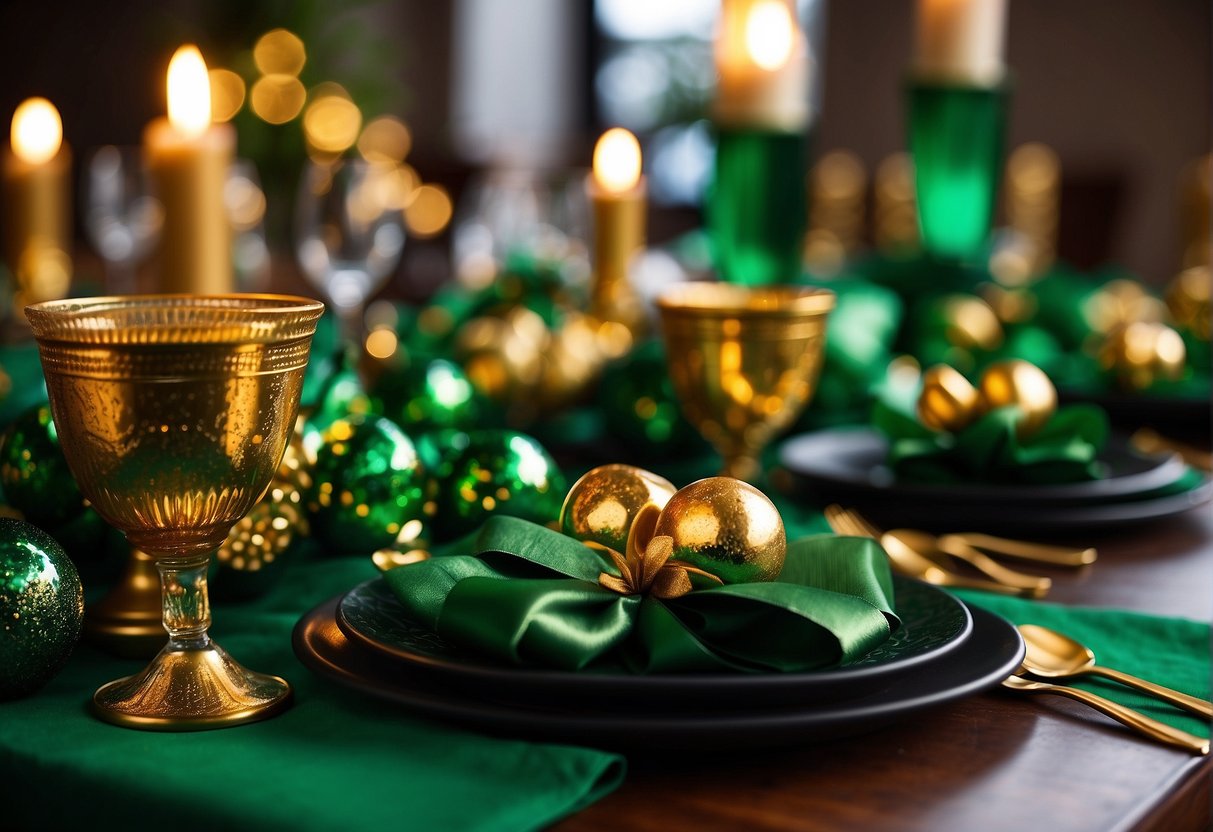 A festive table set with green and gold decorations, shamrock-shaped crafts, and pots of gold centerpieces for St. Patrick's Day
