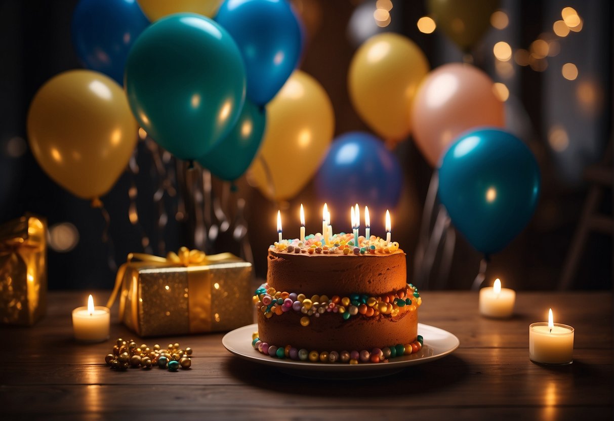 Colorful balloons, wrapped presents, and a treasure map scattered around a festive room. A cake with lit candles sits on a table