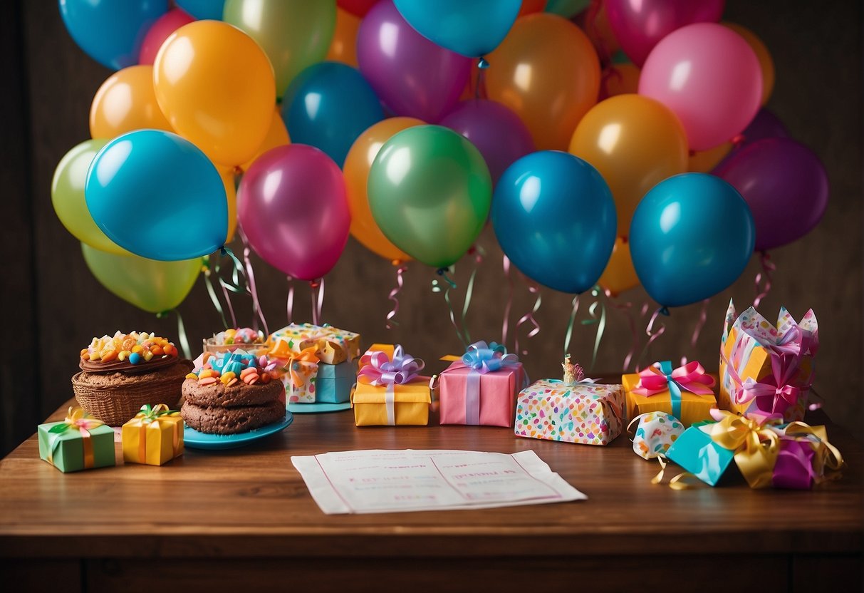 A table with a colorful array of birthday-themed items: balloons, party hats, presents, and a list of scavenger hunt clues