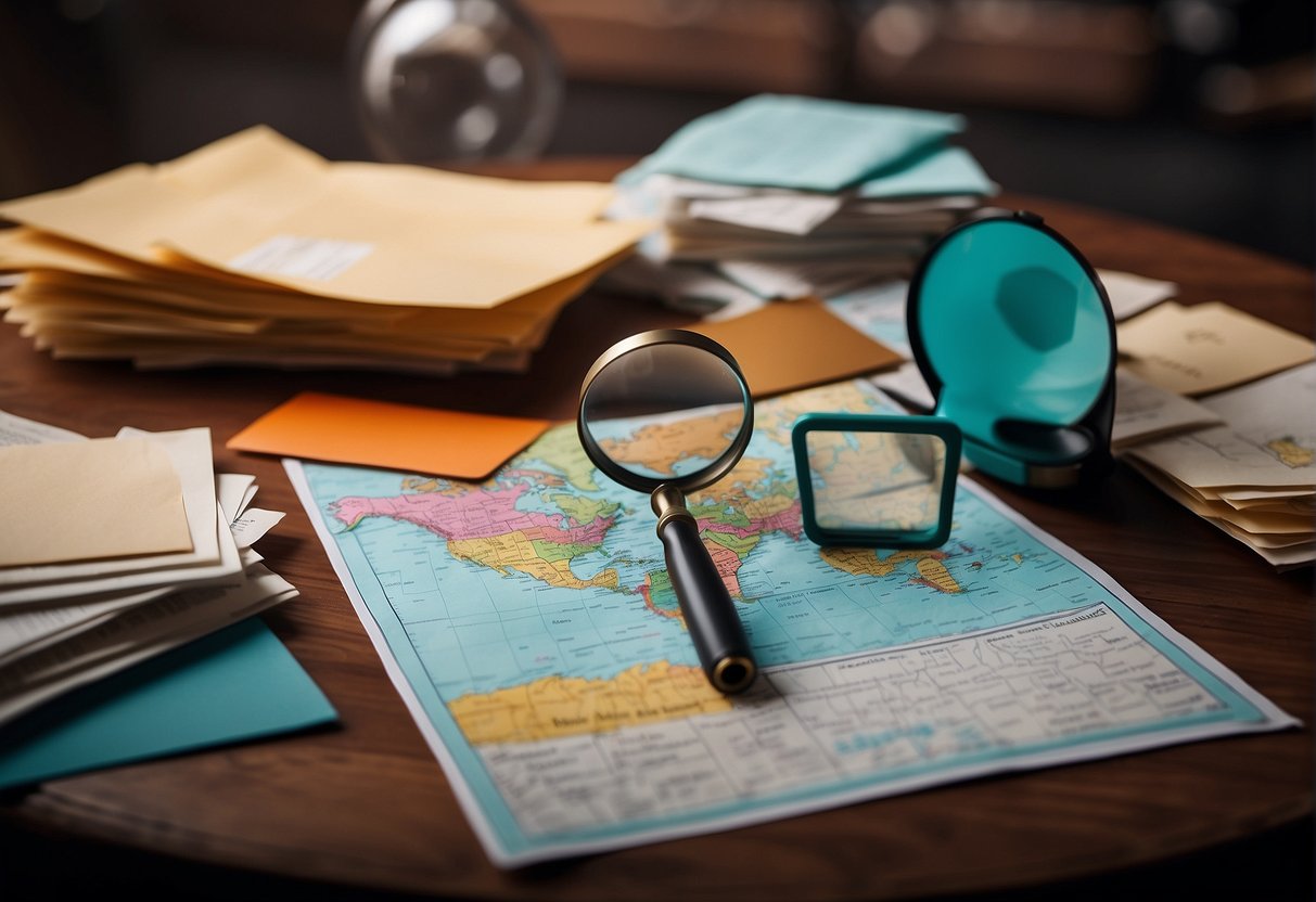 A table covered in colorful envelopes, a map, and a magnifying glass. A list of clues and riddles written on a piece of paper