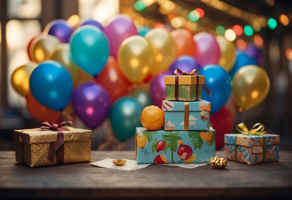 Colorful balloons, wrapped presents, and a treasure map on a table surrounded by excited children