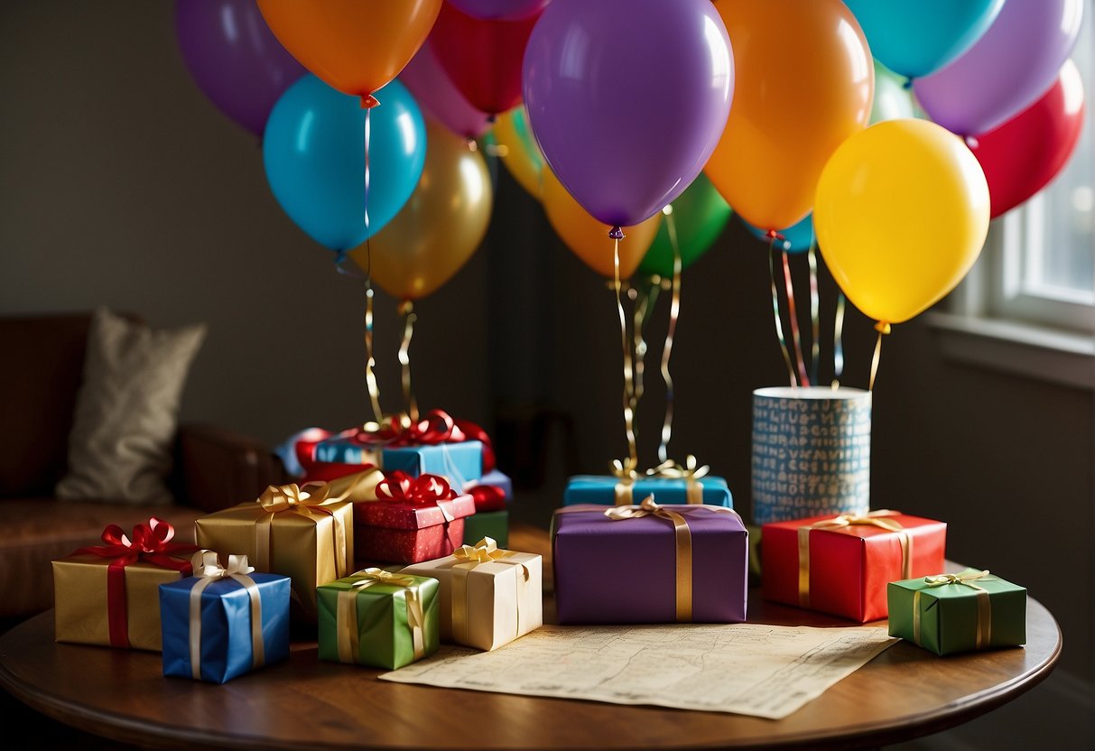 Colorful balloons, wrapped presents, and a treasure map spread out on a table. A trail of clues leading to hidden surprises around the room