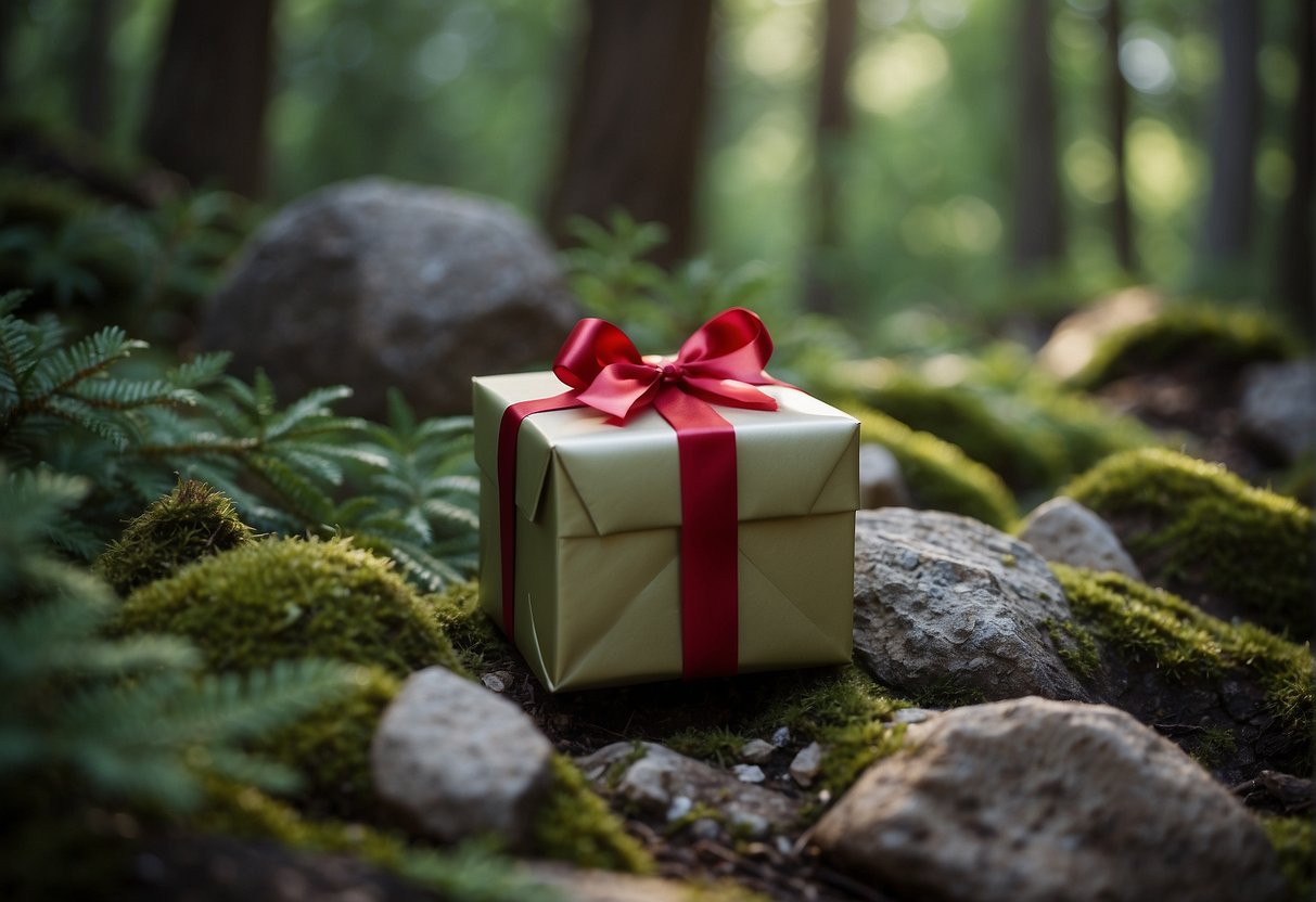Gifts are hidden among outdoor elements like trees and rocks. Clues lead participants to find and collect the presents