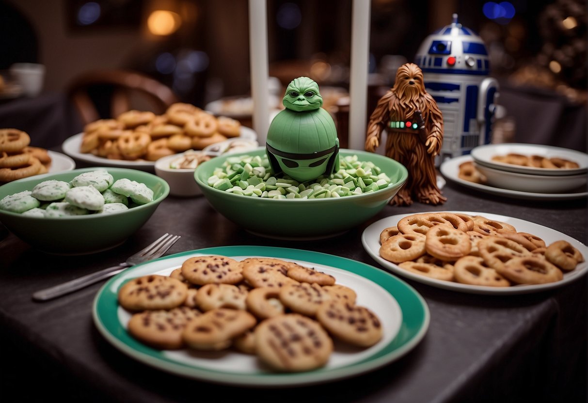 A table adorned with Star Wars themed foods, such as Wookiee cookies, Yoda soda, and lightsaber pretzel sticks, surrounded by excited party guests