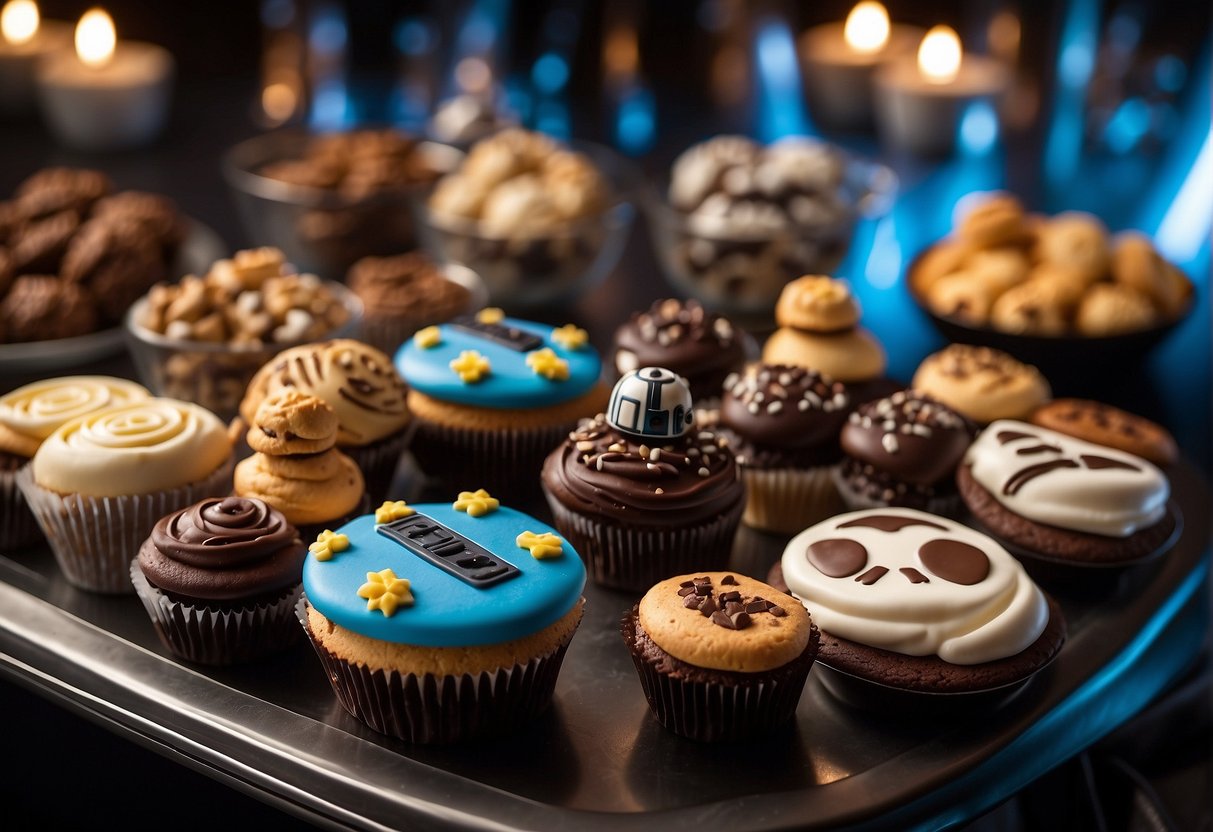 A table filled with Star Wars themed sweet treats and desserts, including cupcakes, cookies, and candies, all decorated with iconic characters and symbols from the series