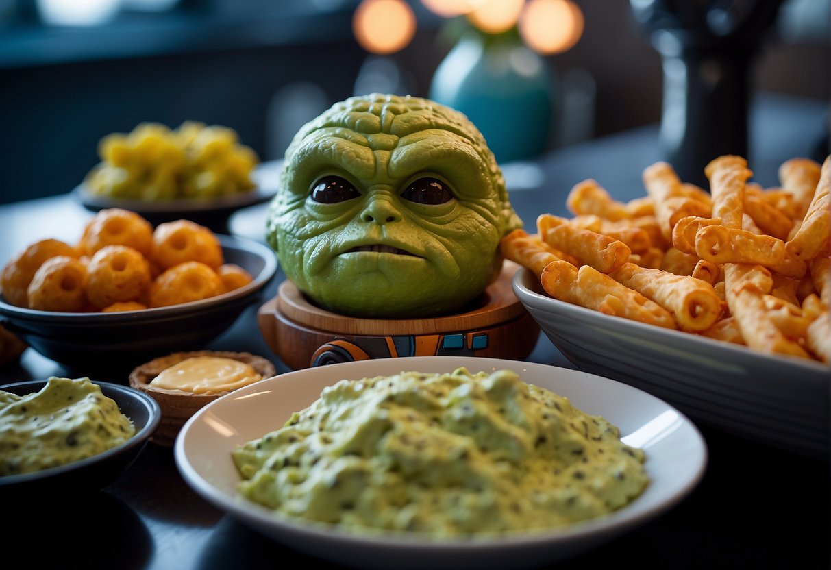 A table adorned with Star Wars-themed food displays, including lightsaber pretzel sticks, Death Star cheese balls, and Yoda guacamole dip