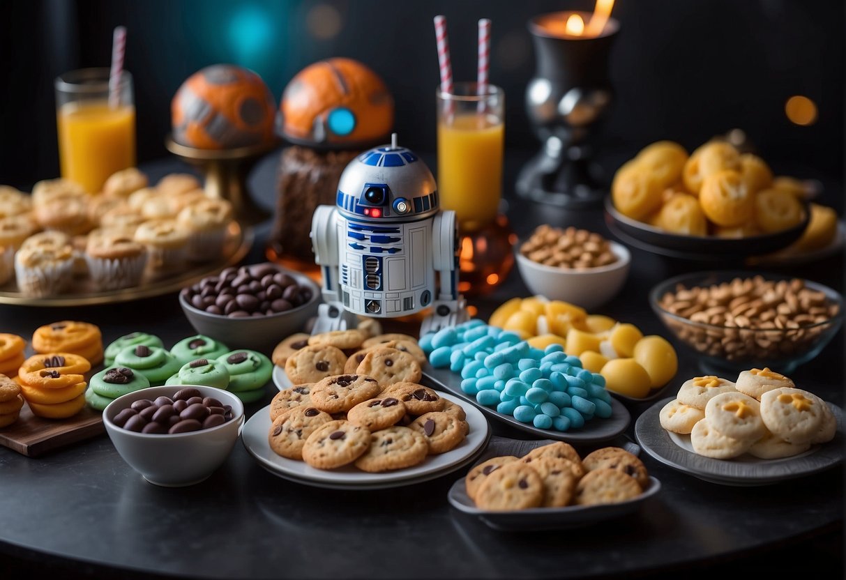 Colorful DIY decorations and Star Wars-themed add-ons adorn a table filled with party foods. The spread includes treats shaped like lightsabers, droids, and iconic characters