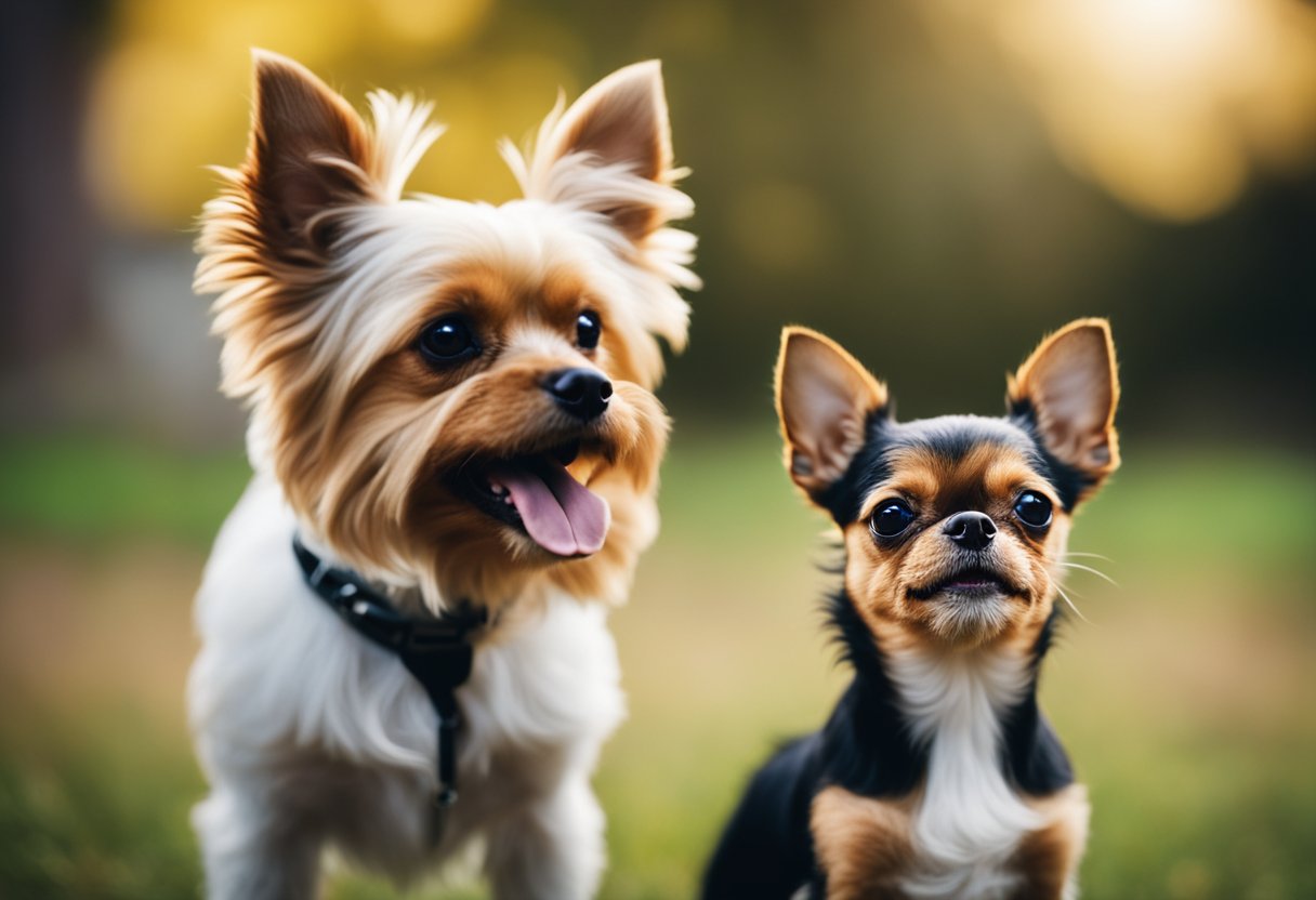 A Yorkshire Terrier and a Chihuahua face off, barking fiercely with raised fur and tense stances