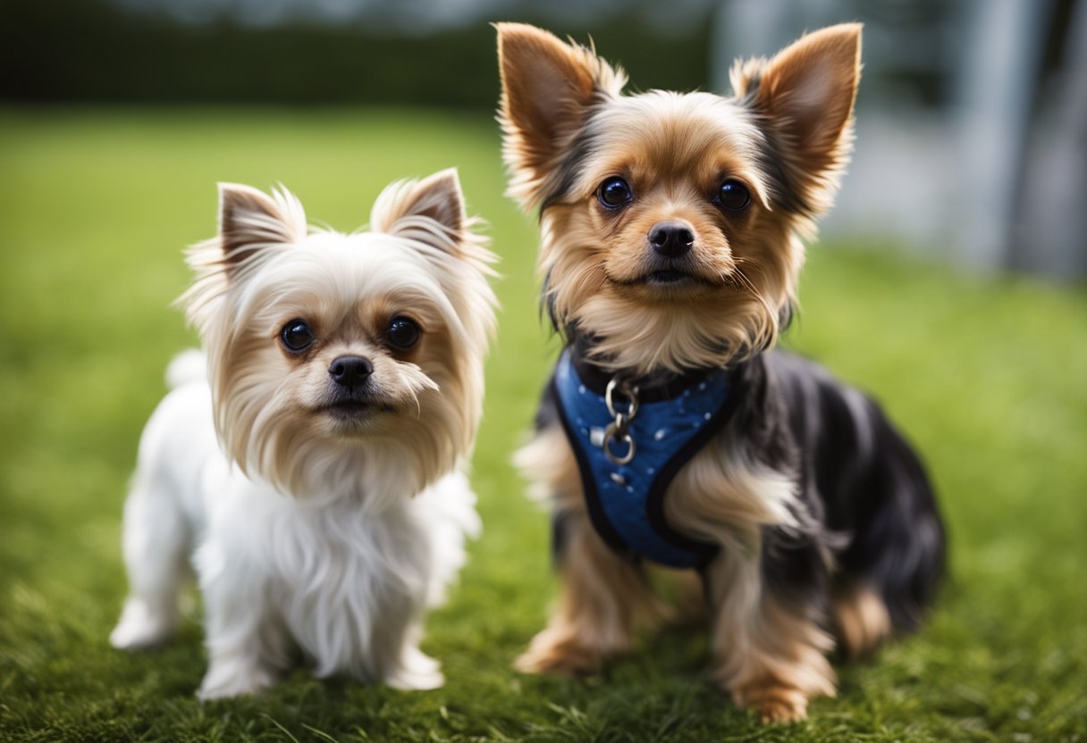 Two small dogs, a Yorkshire Terrier and a Chihuahua, stand side by side, each with distinct features and characteristics. The Yorkshire Terrier has a long, silky coat while the Chihuahua has short fur and large, alert