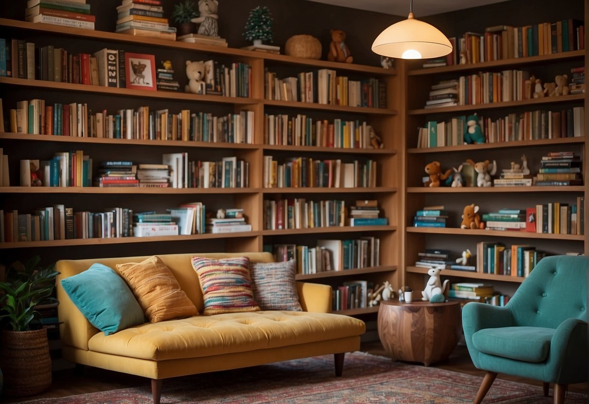 Colorful bookshelves filled with books and toys. A cozy reading nook with cushions and a small table. Bright, cheerful wall art and a low-hanging mobile