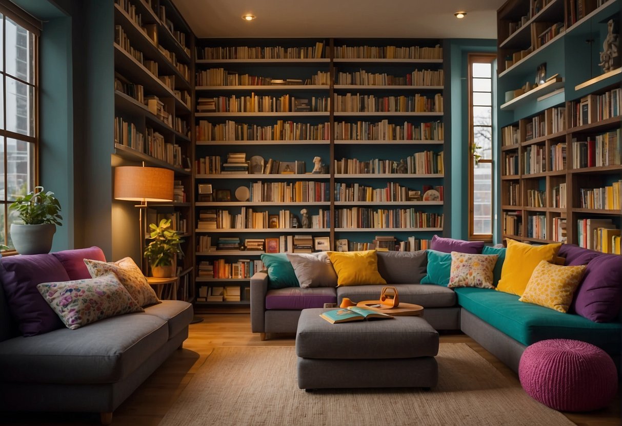 Colorful bookshelves line the walls, filled with books of all shapes and sizes. A cozy reading nook with soft cushions and a bright lamp invites children to dive into their favorite stories